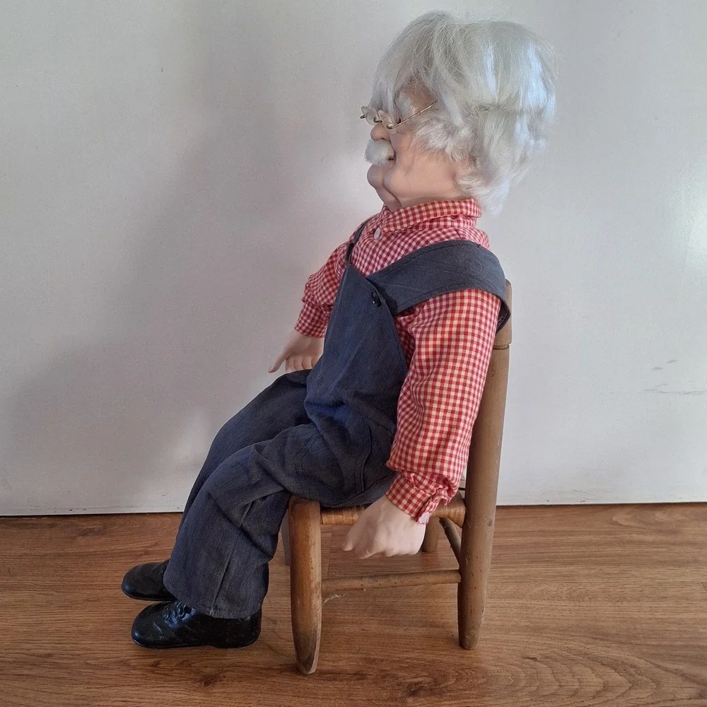 Vintage Porcelain Grandmother Grandfather Dolls Seated on Wooden Chairs Pair 23